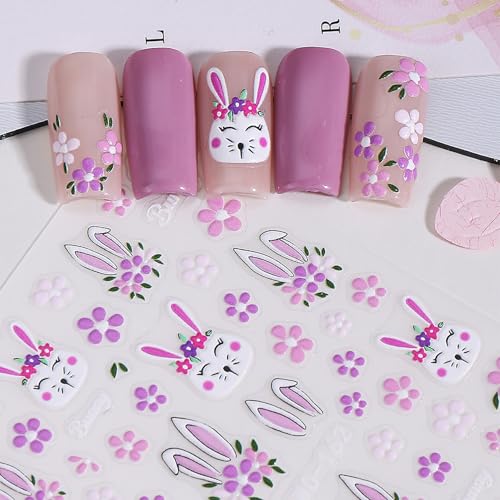 Easter Nail Stickers 3D Embossed Rabbit Spring Flower Decals 2 Sheets