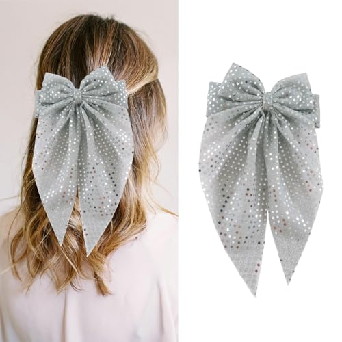 ZEYER Glitter Bow Claw Clip Silvery Hair Accessory for Women and Girls