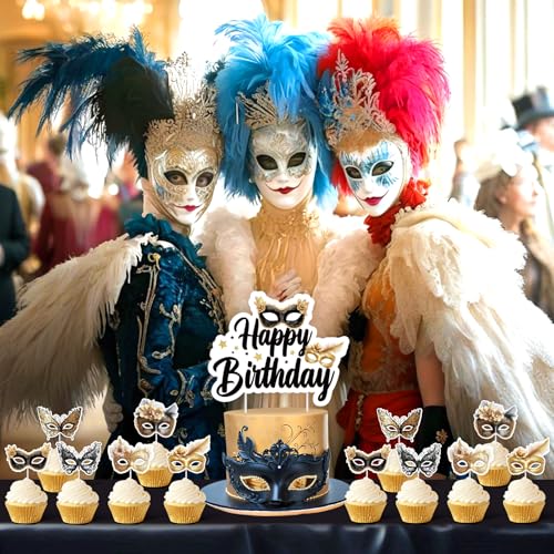 Black Gold Masquerade Cake Decorations - 25 Pcs Set for Birthdays
