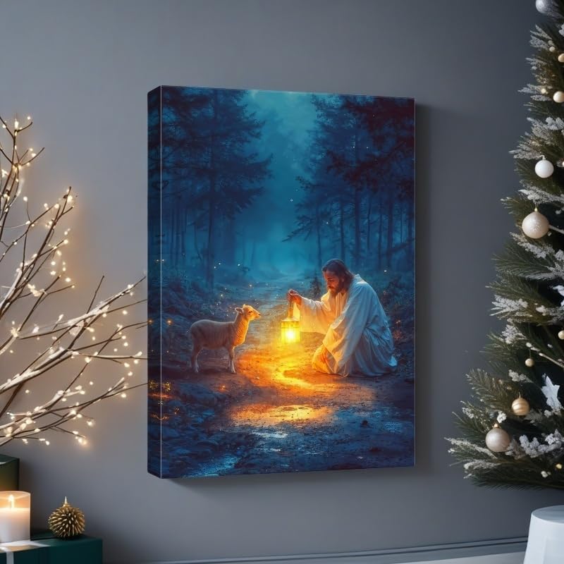 Ploceiny Christian Wall Art | Jesus Running After Lost Lamb Canvas Print | 16" x 24" Home Decor