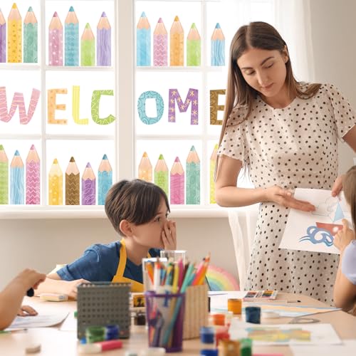Quera Pastel Pencil Window Clings - 9 Sheets Reusable Back to School Decals