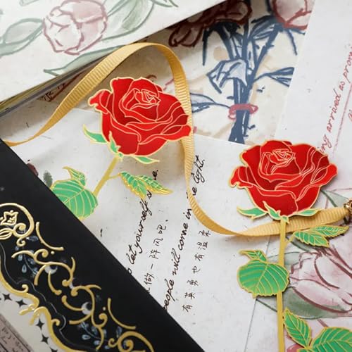 2pcs Elegant Metal Rose and Peony Bookmarks with Tassel Clips