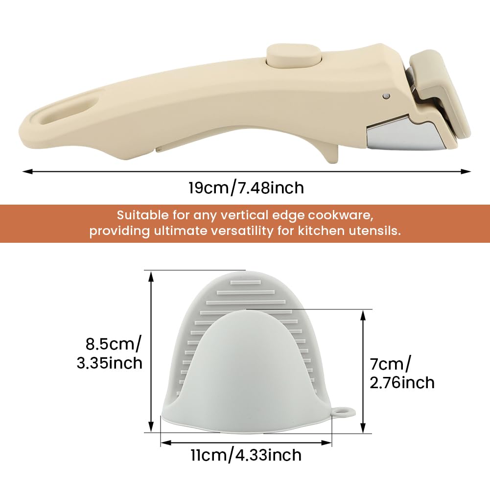 Removable Pot Handle, Cream White Detachable Pan Handles with 2 PCS Silicone Oven Mitts Heat Resistant, Universal Pan Replacement Handles for Pots and Pans