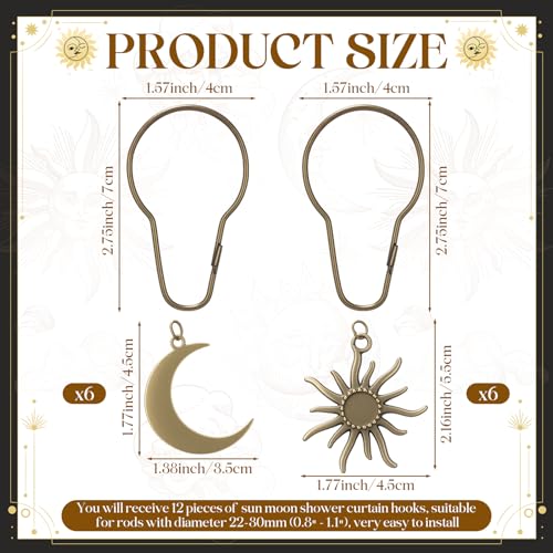 Sun and Moon Shower Curtain Hooks - 12 Pcs Boho Bronze Bathroom Decor