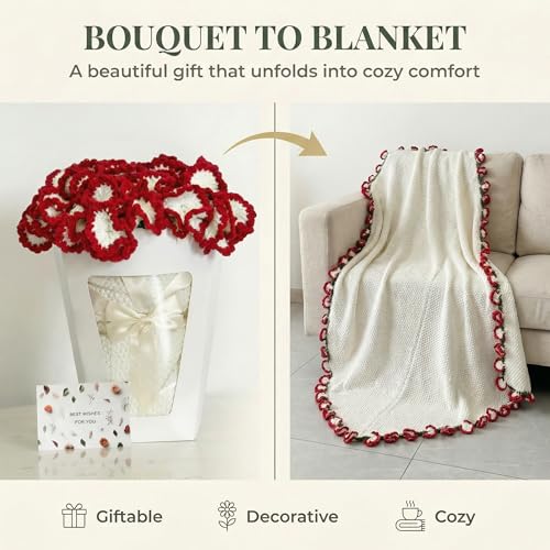 Red Carnation Crochet Flower Bouquet Blanket - Handmade Knitted Throw