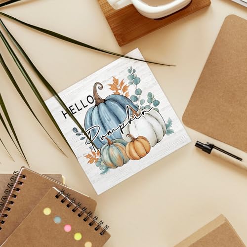Rustic Blue Pumpkin Wooden Box Decor - 5x5 Autumn Home Accent
