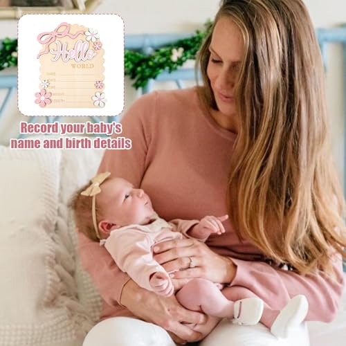 Hello World Newborn Announcement Sign - Double-Sided Baby Welcome Board with Bow & Daisy