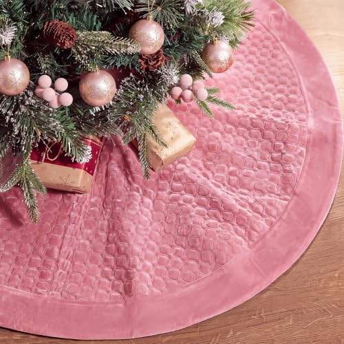 Pink Velvet Christmas Tree Skirt 48 Inch Quilted Holiday Decor