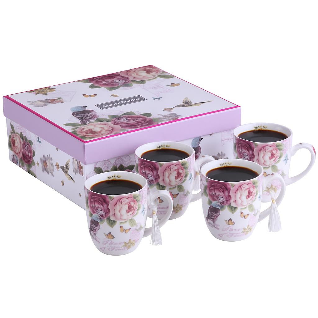 London Boutique Tea Coffee Cup Mug Set 4 Porcelain Bird Rose Butterfly Shabby Chic design in Gift Box 330ML 11oz