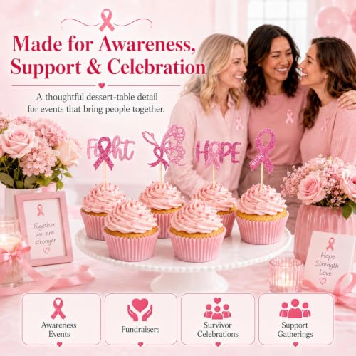 Pink Ribbon Breast Cancer Awareness Cupcake Toppers - 12 Pcs
