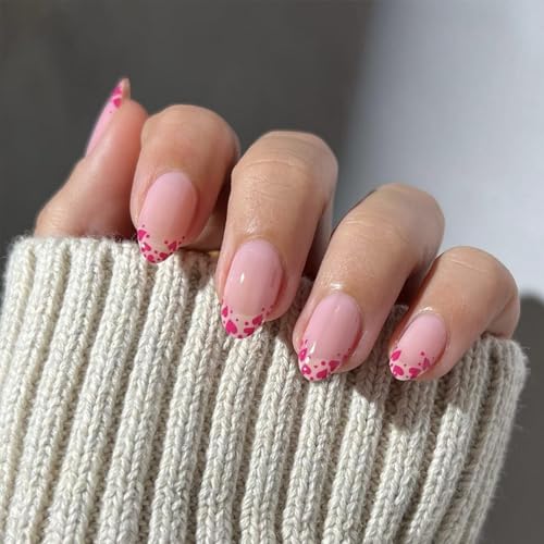Valentine French Tip Press on Nails Short Almond Pink Heart Acrylic Kit