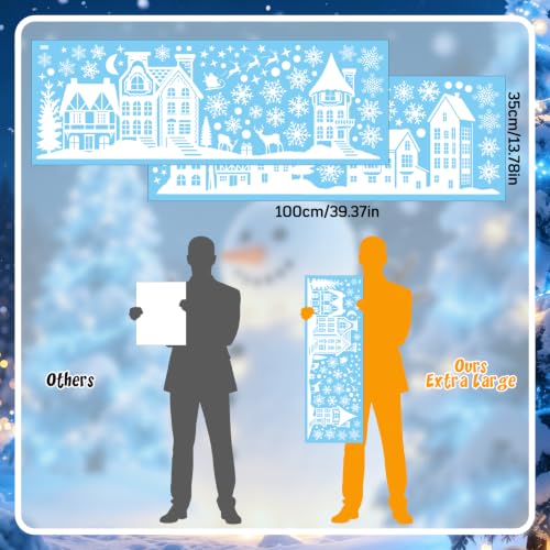 Christmas Village Window Clings Set - Extra Large Snowflake & Elk Design, 2 Sheets, White Theme