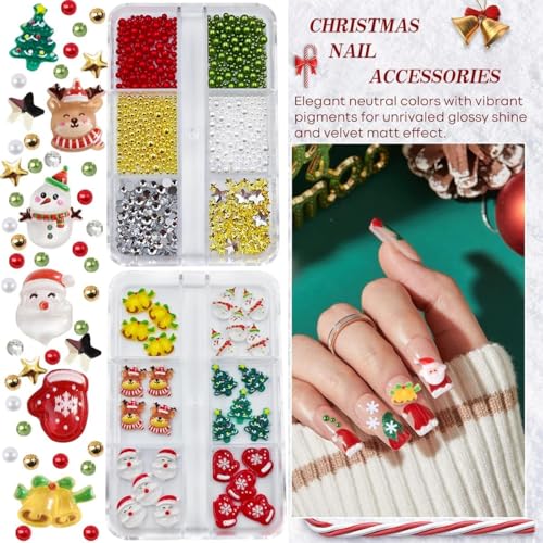 Christmas Nail Charms - 2 Boxes Red Green Metal Gems & Pearls