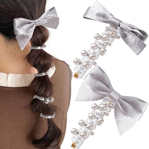 SmallCat 2PCS Bow Spiral Hair Ties with Beads Artificial Pearl Phone Cord Hair Bands