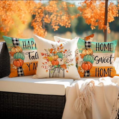 RABUSOFA 20x20 Inch Teal Pillow Covers Set of 4 - Fall Pumpkin & Leaves