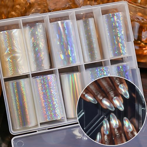 OSTTMA 10PCS Aurora Nail Foil Transfer Stickers Holographic Mermaid Design
