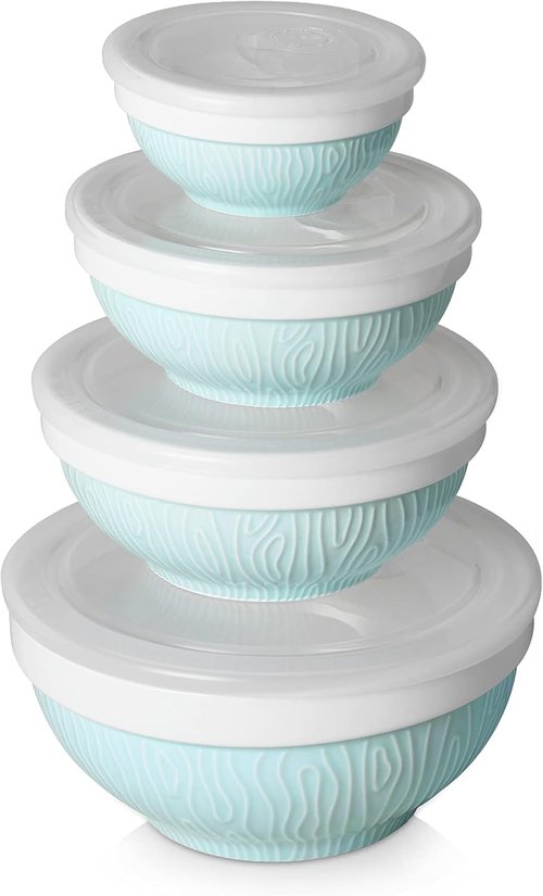 DOWAN Mixing Bowls Set - Ceramic Serving Bowls with Lids for Food Storage | 4-Piece Turquoise Set (64/32/24/12 Ounce)