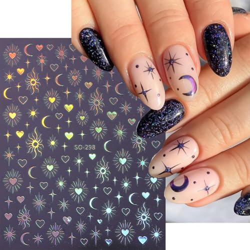Star Nail Stickers 6 Sheets Self-Adhesive Laser Gold Silver Nail Decals