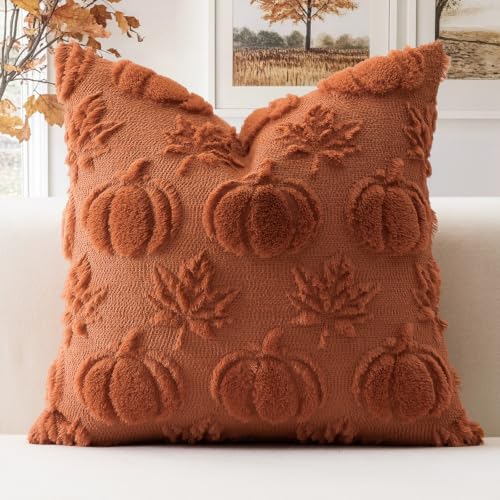 OTOSTAR Rust Pumpkin Maple Leaves Pillow Cover 14x14 Inch