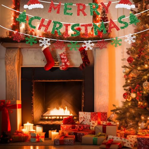 Christmas Banner Set - Red and Green Glitter Snowflake Bunting for Indoor Holiday Decor