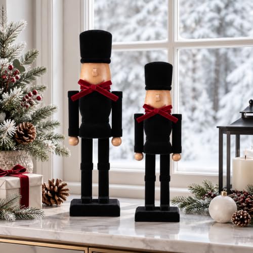 Christmas Wooden Nutcracker Figures Decor Set - 15 Inch & 10 Inch Flocked Soldiers