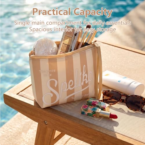 SPELIKO Waterproof Neoprene Makeup Bag with Wrist Strap & Stripe Print