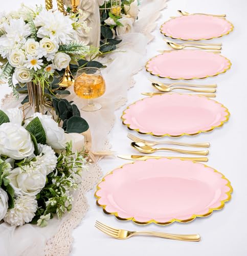 50 Light Pink Scalloped Paper Plates with Gold Foil - 7 Inch Disposable Dinner Plates for Parties