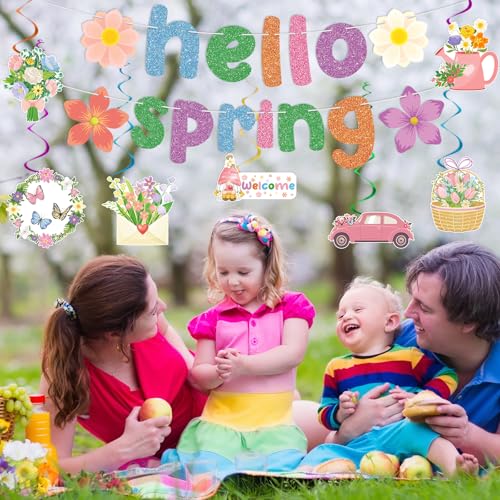 Hello Spring Decorations Set - Banner, Flowers & Butterfly Swirls