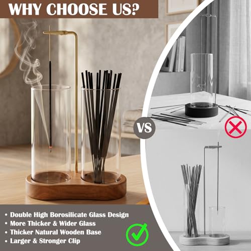 OWLREX Upgrade Tall Incense Holder with Glass Ash Catcher - Upside Down Burning & Stick Storage