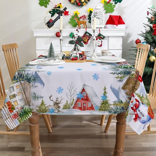 White Christmas Tablecloth 52x70 Inches Water-Resistant Holiday Decor for Rectangle Tables