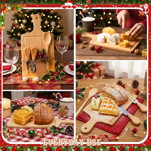 Acellegic Christmas Cheese Board Gift Set - 6 Square Wooden Boards & Accessories
