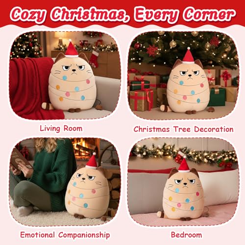 AGIFTMIND 12 Inch Beige Christmas Cat Plush Pillow - Holiday Decor & Gift