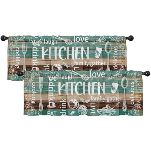 Emvency Farmhouse Teal Window Valances, 52x18 Inch, 2-Pack Kitchen Set