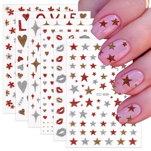 3D Glitter Star Nail Stickers - 6 Sheets Shiny Red Gold Silver Decals