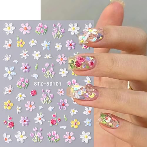 5D Embossed Flower Nail Stickers - Daisy Floral Decals 4 Sheets