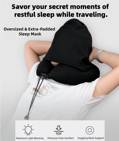 ILYISFMTY Travel Neck Pillow with Extra Large Hood Rollable Airplane Hooded Neck Pillow with Memory Foam Filling and Removable, Skin-Friendly Cover with Carrying Case & Pouch (Velvet)