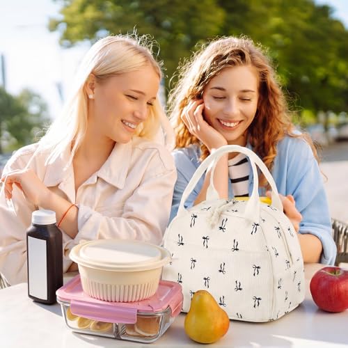 Dansydaisy Insulated Corduroy Lunch Bag with Bow - Aesthetic Tote for Women