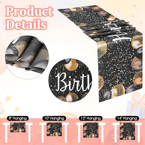 Happy Birthday Table Runner - 72x13in Black Gold Decor