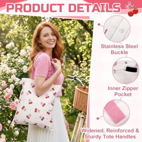 JATEBI 3-Pack Cute Double-Sided Tote Bags - Pink Reusable Grocery Totes with Inner Pocket