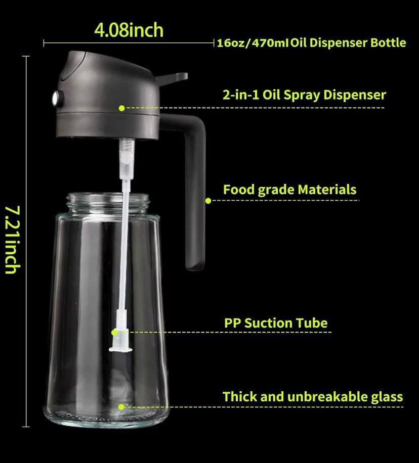 TrendPlain 16oz Glass Olive Oil Sprayer - 2-in-1 Dispenser Bottle for Cooking & BBQ - Black