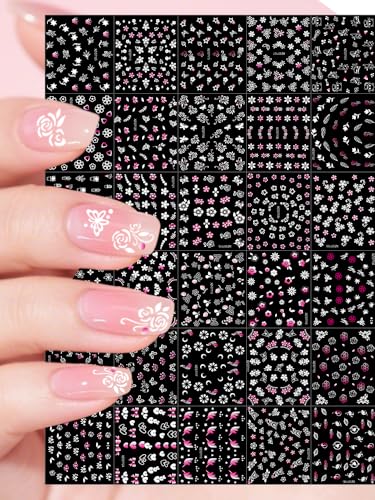 30 Sheet Pink & White Flower Nail Stickers 3D Floral Butterfly Decals