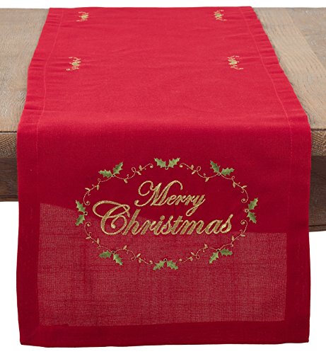 Merry Christmas Embroidered Table Runner 14x90 Red Holiday Decor
