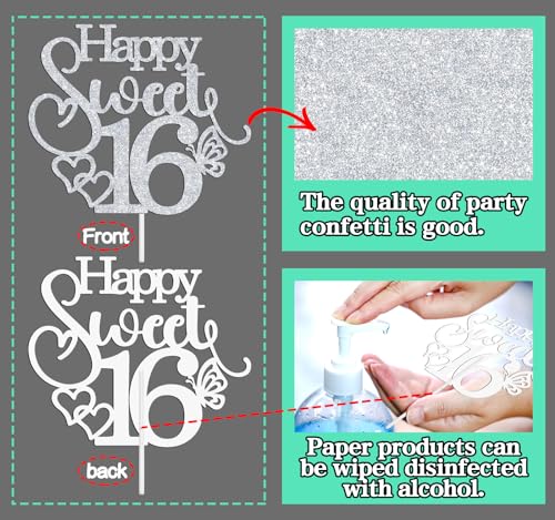 Silver Glitter Happy Sweet 16 Cake Topper for Birthday Parties