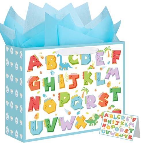 Large Baby Boy Dinosaur Gift Bag with Tissue Paper and Greeting Card