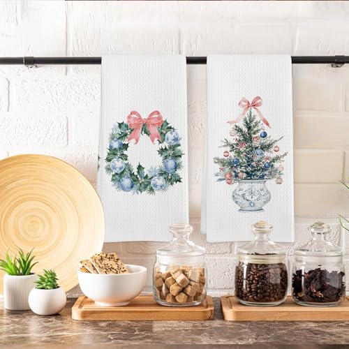 Christmas Wreath Coquette Chinoiserie Kitchen Towels Set of 2 - Pink, Blue & White, 16x24 Inches, Wreath Variation