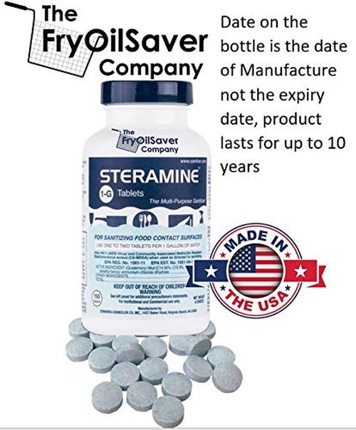 1 Bottle Steramine Sanitizer Tablets w/15x QT-10 Test Strips - Multi Purpose Steramine Sanitizing Tablets for Food Contact Surface, Kitchen, Restaurant, Food Service by FryOilSaver (150 Count)
