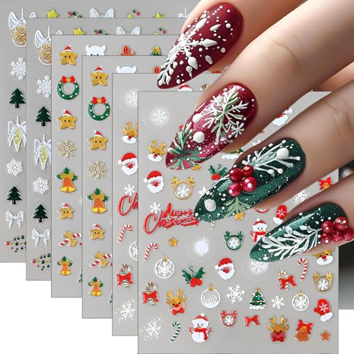 Christmas Nail Stickers 6 Sheets 3D Self-Adhesive Holiday Decals