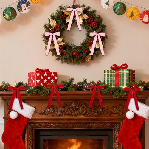 Red and Pink Velvet Christmas Tree Bows - 18 Pack Holiday Decorations, 5x7 Inches, Reusable Velvet Ribbon Bows - Variation: Red/Pink