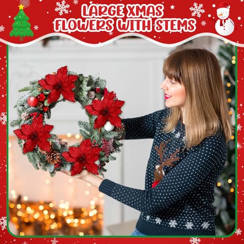 Red Artificial Christmas Poinsettia Flowers Set of 16 - Large Velvet Holiday Decor