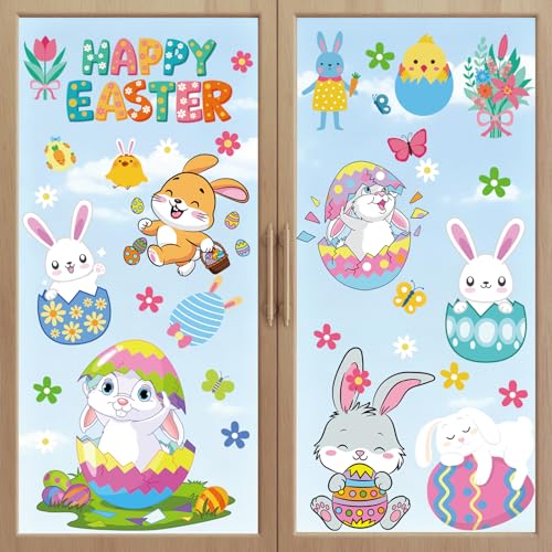 AFRITEE Easter Window Clings - 9 Sheets Cute Bunny & Floral Glass Stickers